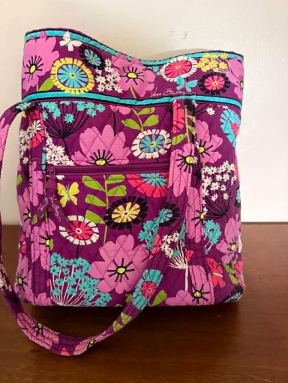 Vera Bradley Vera Tote Purple Flutterby Bag with Horn Toggle Button